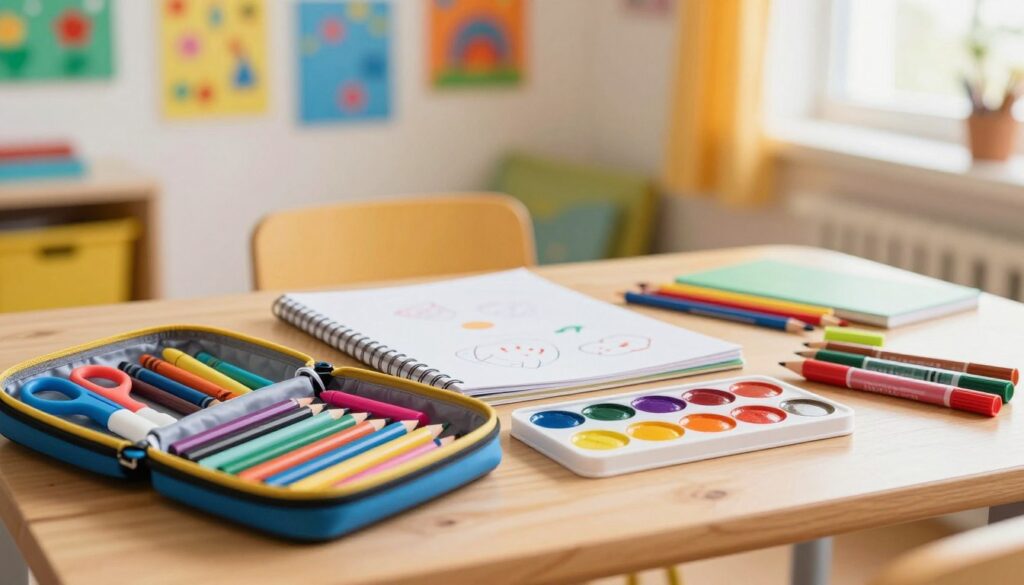 A bright and colorful assortment of school art supplies for a first grader, featuring vibrant crayons, watercolor paints, and a set of markers, all arranged neatly on a wooden table. In the foreground, a cheerful, neatly organized pencil case is open, showcasing various tools like scissors, glue sticks, and colored pencils. The middle layer includes a blank sketchbook with a few doodles, hinting at creativity. In the background, a softly blurred classroom setting with colorful artwork on the walls and a sunny window casting warm light creates an inviting atmosphere. The composition captures a lively and playful mood, ideal for inspiring young students. Overall, the focus is on the essential art supplies, evoking excitement for learning and creativity. A bright and colorful assortment of school art supplies for a first grader, featuring vibrant crayons, watercolor paints, and a set of markers, all arranged neatly on a wooden table. In the foreground, a cheerful, neatly organized pencil case is open, showcasing various tools like scissors, glue sticks, and colored pencils. The middle layer includes a blank sketchbook with a few doodles, hinting at creativity. In the background, a softly blurred classroom setting with colorful artwork on the walls and a sunny window casting warm light creates an inviting atmosphere. The composition captures a lively and playful mood, ideal for inspiring young students. Overall, the focus is on the essential art supplies, evoking excitement for learning and creativity.
