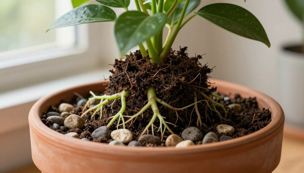 A close-up view of a decorative potted plant highlighting its drainage system. In the foreground, a terracotta pot reveals a layer of small pebbles at the bottom, designed for optimal drainage, covered by rich, dark soil where vibrant green roots spread out. The middle layers showcase the plant with lush, healthy leaves, emphasizing the importance of proper potting techniques. In the background, soft natural light filters through an open window, casting gentle shadows and creating a calming atmosphere. The composition suggests a warm, inviting indoor garden space, perfect for plant care. The focus is clear and detailed, capturing the elements essential for preventing root rot.