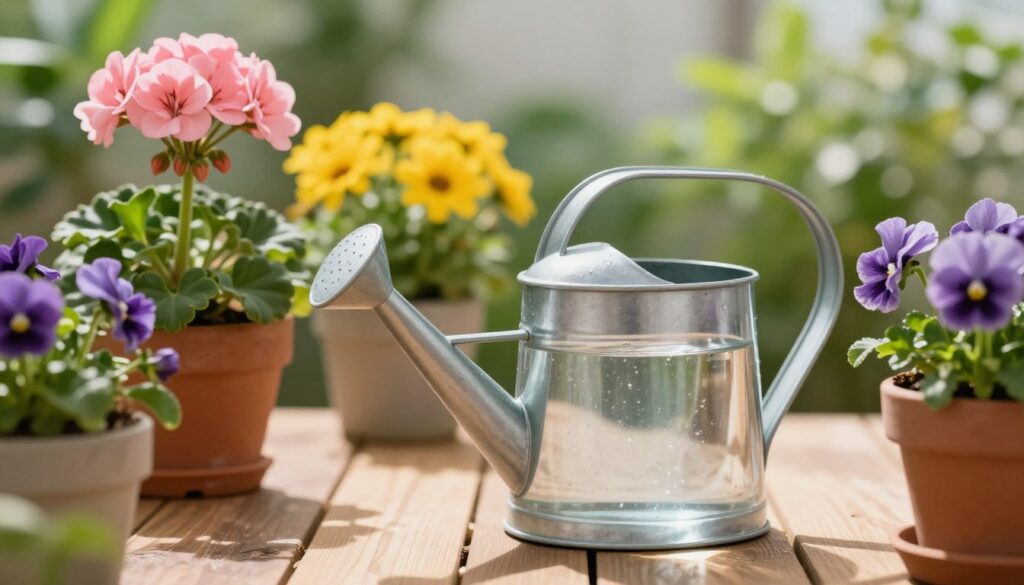 A close-up view of a watering can filled with fresh, clear water, surrounded by vibrant potted flowers in various colors, such as pink geraniums, yellow daisies, and purple violets. The scene is set on a wooden patio table with soft sunlight filtering through the leaves of nearby houseplants, creating a warm and inviting atmosphere. A blurred background of lush greenery adds depth and enhances the focus on the watering can and flowers. The image should convey a sense of tranquility and care for indoor plants, highlighting the importance of using clean, refreshing water for watering potted flowers. Shot with a shallow depth of field to emphasize the subject while maintaining a soft bokeh effect in the background. A close-up view of a watering can filled with fresh, clear water, surrounded by vibrant potted flowers in various colors, such as pink geraniums, yellow daisies, and purple violets. The scene is set on a wooden patio table with soft sunlight filtering through the leaves of nearby houseplants, creating a warm and inviting atmosphere. A blurred background of lush greenery adds depth and enhances the focus on the watering can and flowers. The image should convey a sense of tranquility and care for indoor plants, highlighting the importance of using clean, refreshing water for watering potted flowers. Shot with a shallow depth of field to emphasize the subject while maintaining a soft bokeh effect in the background.
