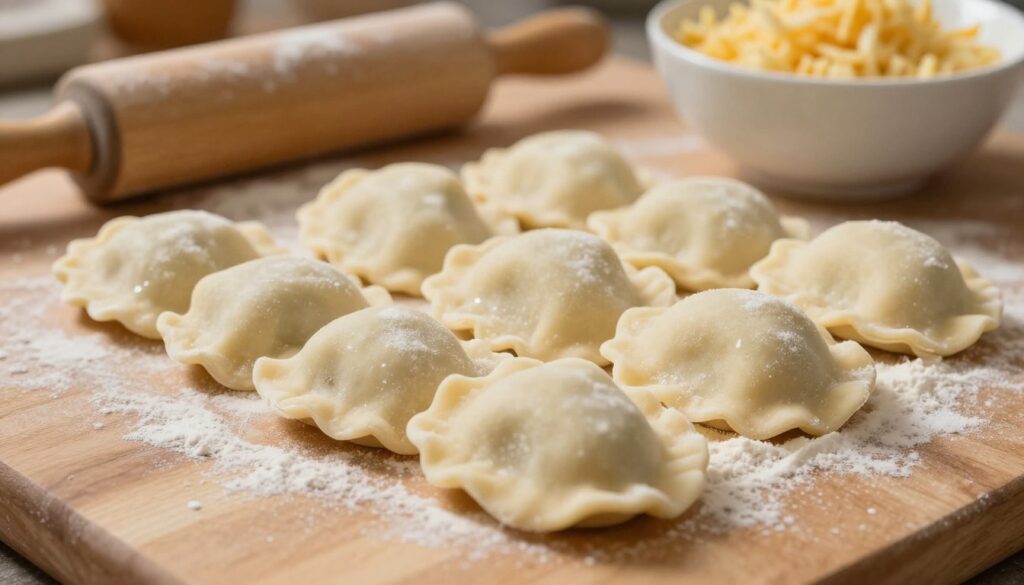 A close-up view of freshly made pierogi dough, rolled out smoothly on a wooden countertop. The dough should appear soft and pliable, with a light dusting of flour reflecting a warm kitchen light. In the background, a rustic rolling pin rests next to a bowl filled with traditional potato and cheese filling, hinting at the preparation process. Soft, ambient lighting creates a cozy atmosphere, accentuating the texture of the dough and the smooth surface of the countertop. The scene captures the essence of home cooking, inviting viewers to feel the warmth and comfort of making pierogi by hand. The image should be sharp and detailed, focusing on the artistry of creating the perfect dough for pierogi ruskie, with no text or distractions. A close-up view of freshly made pierogi dough, rolled out smoothly on a wooden countertop. The dough should appear soft and pliable, with a light dusting of flour reflecting a warm kitchen light. In the background, a rustic rolling pin rests next to a bowl filled with traditional potato and cheese filling, hinting at the preparation process. Soft, ambient lighting creates a cozy atmosphere, accentuating the texture of the dough and the smooth surface of the countertop. The scene captures the essence of home cooking, inviting viewers to feel the warmth and comfort of making pierogi by hand. The image should be sharp and detailed, focusing on the artistry of creating the perfect dough for pierogi ruskie, with no text or distractions.