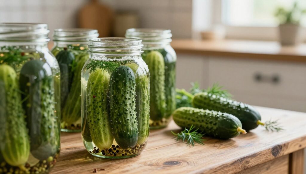 A close-up view of jars of fermenting pickles on a rustic wooden table. The foreground showcases several glass jars filled with bright green cucumbers submerged in a clear brine solution, with spices like dill, garlic, and peppercorns visible. Soft bubbles of fermentation rise in the jars, emphasizing the process of pickling. In the middle ground, a few fresh cucumbers and sprigs of dill are artfully arranged, enhancing the freshness. The background features a cozy, well-lit kitchen setting with soft sunlight filtering through a window, casting gentle shadows. The atmosphere is warm and inviting, reflecting the homely tradition of making pickles. Use a shallow depth of field to focus sharply on the jars while softly blurring the background. Aim for natural, diffused lighting that highlights the colors and textures of the ingredients. A close-up view of jars of fermenting pickles on a rustic wooden table. The foreground showcases several glass jars filled with bright green cucumbers submerged in a clear brine solution, with spices like dill, garlic, and peppercorns visible. Soft bubbles of fermentation rise in the jars, emphasizing the process of pickling. In the middle ground, a few fresh cucumbers and sprigs of dill are artfully arranged, enhancing the freshness. The background features a cozy, well-lit kitchen setting with soft sunlight filtering through a window, casting gentle shadows. The atmosphere is warm and inviting, reflecting the homely tradition of making pickles. Use a shallow depth of field to focus sharply on the jars while softly blurring the background. Aim for natural, diffused lighting that highlights the colors and textures of the ingredients.