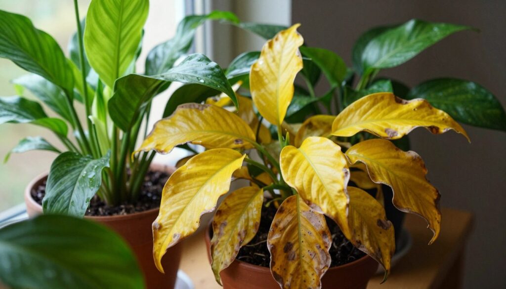 A close-up view of yellowing leaves on various potted indoor plants, showcasing the effects of overwatering. The foreground features distinct, wilted leaves showing various shades of yellow and brown, with some exhibiting drooping edges. In the middle, the potted plants, such as a peace lily and pothos, display wet soil at the base, indicating excessive moisture. The background consists of a softly blurred indoor setting with natural light streaming in through a window, creating a warm, yet melancholic atmosphere. The lighting emphasizes the contrast between the vibrant green of healthy foliage and the sickly yellow of the affected leaves. Focused composition, with a depth of field that highlights the plants' distress while maintaining an inviting yet somber mood. A close-up view of yellowing leaves on various potted indoor plants, showcasing the effects of overwatering. The foreground features distinct, wilted leaves showing various shades of yellow and brown, with some exhibiting drooping edges. In the middle, the potted plants, such as a peace lily and pothos, display wet soil at the base, indicating excessive moisture. The background consists of a softly blurred indoor setting with natural light streaming in through a window, creating a warm, yet melancholic atmosphere. The lighting emphasizes the contrast between the vibrant green of healthy foliage and the sickly yellow of the affected leaves. Focused composition, with a depth of field that highlights the plants' distress while maintaining an inviting yet somber mood.