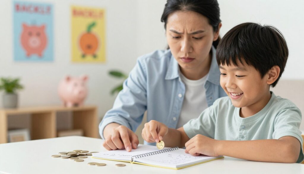 A colorful and engaging scene illustrating the concept of pocket money management for children. In the foreground, a young child, around 8 years old, is sitting at a tidy table, counting coins with a big smile, wearing a casual outfit. A small notebook with handwritten rules about pocket money is visible beside them. In the middle ground, a concerned but supportive parent, dressed in smart casual attire, is guiding the child, pointing to the notebook. In the background, a bright room filled with soft natural light, decorated with educational posters about saving and spending. The atmosphere is warm and encouraging, promoting financial literacy in a fun and friendly way. The focus is sharp, with a soft bokeh effect on the background elements. A colorful and engaging scene illustrating the concept of pocket money management for children. In the foreground, a young child, around 8 years old, is sitting at a tidy table, counting coins with a big smile, wearing a casual outfit. A small notebook with handwritten rules about pocket money is visible beside them. In the middle ground, a concerned but supportive parent, dressed in smart casual attire, is guiding the child, pointing to the notebook. In the background, a bright room filled with soft natural light, decorated with educational posters about saving and spending. The atmosphere is warm and encouraging, promoting financial literacy in a fun and friendly way. The focus is sharp, with a soft bokeh effect on the background elements.