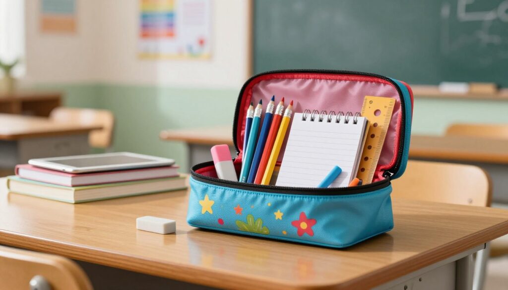 A colorful student pencil case filled with essential school supplies, including pencils, markers, a ruler, an eraser, and a small notepad. The pencil case should be open, showcasing the vibrant colors of the materials inside, with a cheerful design on the case itself. In the foreground, the pencil case is positioned on a wooden desk with a smooth, natural finish. In the middle ground, softly blurred books and a tablet can be seen, suggesting a study environment. The background features a classroom setting with a chalkboard and motivational posters on the walls. The lighting is bright and cheerful, casting soft shadows to enhance the inviting atmosphere, evoking a sense of excitement for the school year. A colorful student pencil case filled with essential school supplies, including pencils, markers, a ruler, an eraser, and a small notepad. The pencil case should be open, showcasing the vibrant colors of the materials inside, with a cheerful design on the case itself. In the foreground, the pencil case is positioned on a wooden desk with a smooth, natural finish. In the middle ground, softly blurred books and a tablet can be seen, suggesting a study environment. The background features a classroom setting with a chalkboard and motivational posters on the walls. The lighting is bright and cheerful, casting soft shadows to enhance the inviting atmosphere, evoking a sense of excitement for the school year.