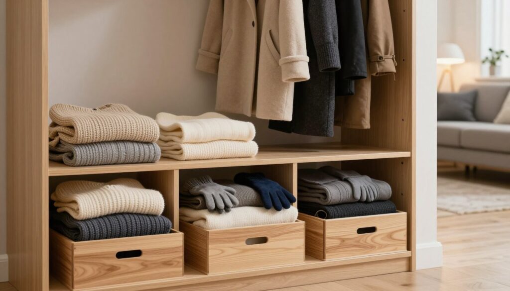 A cozy and organized winter clothing storage scene set in a minimalist urban home. In the foreground, neatly folded winter garments such as sweaters, scarves, and gloves are arranged in stylish, open storage boxes made of natural wood. The middle layer features a small, tastefully decorated closet or wardrobe, with some hanging coats and jackets visibly stored. The background showcases a hint of a cool, well-lit living area with soft, ambient lighting filtering through a window. A subtle contrast of warm and cool colors enhances the inviting atmosphere. The focus is on practical yet aesthetic winter clothing storage solutions that maximize limited space, evoking a sense of order and tranquility. The image should have a warm, inviting feel with no human figures present. A cozy and organized winter clothing storage scene set in a minimalist urban home. In the foreground, neatly folded winter garments such as sweaters, scarves, and gloves are arranged in stylish, open storage boxes made of natural wood. The middle layer features a small, tastefully decorated closet or wardrobe, with some hanging coats and jackets visibly stored. The background showcases a hint of a cool, well-lit living area with soft, ambient lighting filtering through a window. A subtle contrast of warm and cool colors enhances the inviting atmosphere. The focus is on practical yet aesthetic winter clothing storage solutions that maximize limited space, evoking a sense of order and tranquility. The image should have a warm, inviting feel with no human figures present.
