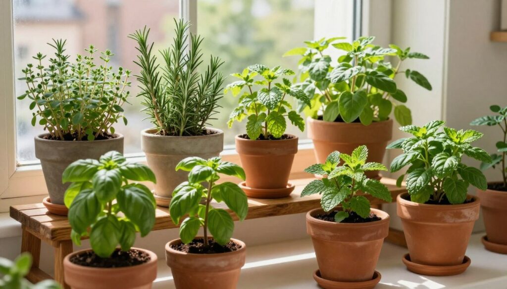 A cozy indoor herb garden setup on a sunlit windowsill. In the foreground, vibrant, green basil and mint plants thrive in stylish, terracotta pots, each adorned with natural soil. In the middle, a rustic wooden shelf holds various herb pots, showcasing a mix of rosemary, thyme, and oregano, all lush and healthy. The background features a bright window, allowing soft, warm sunlight to flood the scene, enhancing the vibrant colors of the plants. A hint of a cityscape is visible outside, suggesting urban living. The atmosphere is serene and inviting, embodying a sense of tranquility and organic growth, ideal for year-round herb cultivation. A cozy indoor herb garden setup on a sunlit windowsill. In the foreground, vibrant, green basil and mint plants thrive in stylish, terracotta pots, each adorned with natural soil. In the middle, a rustic wooden shelf holds various herb pots, showcasing a mix of rosemary, thyme, and oregano, all lush and healthy. The background features a bright window, allowing soft, warm sunlight to flood the scene, enhancing the vibrant colors of the plants. A hint of a cityscape is visible outside, suggesting urban living. The atmosphere is serene and inviting, embodying a sense of tranquility and organic growth, ideal for year-round herb cultivation.