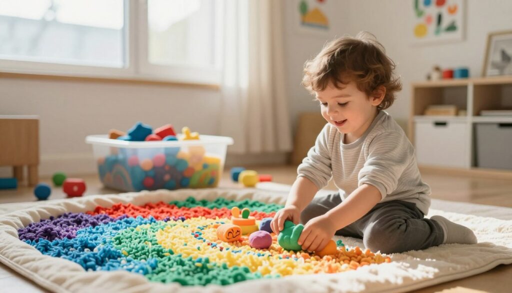A cozy indoor scene depicting a young child engaged in sensory play activities, surrounded by colorful sensory materials like textured fabrics, soft play dough, and vibrant rice. In the foreground, the child is sitting on a soft mat, wearing comfortable clothes, with an expression of curiosity and delight. In the middle ground, a rainbow of sensory bins filled with various textures and colors invites exploration, while scattered toys and materials create a playful atmosphere. The background features a well-lit, cheerful room with bright curtains and inspirational artwork on the walls. Soft, natural light filters through the window, casting a warm glow over the scene, capturing a nurturing and imaginative mood. The composition is inviting and promotes creativity, making it perfect for illustrating sensory play activities for children. A cozy indoor scene depicting a young child engaged in sensory play activities, surrounded by colorful sensory materials like textured fabrics, soft play dough, and vibrant rice. In the foreground, the child is sitting on a soft mat, wearing comfortable clothes, with an expression of curiosity and delight. In the middle ground, a rainbow of sensory bins filled with various textures and colors invites exploration, while scattered toys and materials create a playful atmosphere. The background features a well-lit, cheerful room with bright curtains and inspirational artwork on the walls. Soft, natural light filters through the window, casting a warm glow over the scene, capturing a nurturing and imaginative mood. The composition is inviting and promotes creativity, making it perfect for illustrating sensory play activities for children.