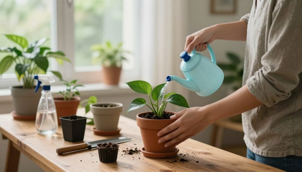 A cozy indoor setting showcasing the care of repotted houseplants. In the foreground, a person dressed in modest casual attire gently waters a newly repotted Pothos plant, focusing on nurturing it. The middle ground features a wooden table with gardening tools, small pots, and a sprayer, creating an organized horticultural workspace. In the background, soft natural light filters through a large window adorned with sheer curtains, highlighting green foliage and creating a serene atmosphere. The mood is calm and nurturing, inviting viewers into the subtleties of plant care post-transplantation. The image captures the essence of growth and tender care, with warm tones and a slightly blurred background to emphasize the gardening activity.