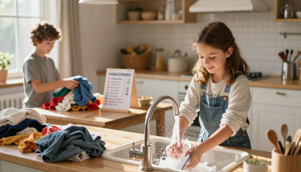 A cozy, inviting kitchen scene depicting older children engaged in various household chores. In the foreground, a teenage girl, wearing a casual shirt and jeans, is joyfully washing dishes at the sink, with bubbles sparkling in the sunlight streaming through the window. To the left, a teenage boy is folding laundry, surrounded by colorful clothes piled around him, showcasing teamwork in a friendly atmosphere. The middle ground features a well-organized kitchen table, with a chore chart visible, listing tasks like sweeping and organizing. In the background, warm, natural light flows into the kitchen, enhancing a sense of warmth and responsibility. The overall mood is cheerful and productive, capturing the essence of older children learning and contributing to family duties. Soft focus on edges to emphasize the main activities. A cozy, inviting kitchen scene depicting older children engaged in various household chores. In the foreground, a teenage girl, wearing a casual shirt and jeans, is joyfully washing dishes at the sink, with bubbles sparkling in the sunlight streaming through the window. To the left, a teenage boy is folding laundry, surrounded by colorful clothes piled around him, showcasing teamwork in a friendly atmosphere. The middle ground features a well-organized kitchen table, with a chore chart visible, listing tasks like sweeping and organizing. In the background, warm, natural light flows into the kitchen, enhancing a sense of warmth and responsibility. The overall mood is cheerful and productive, capturing the essence of older children learning and contributing to family duties. Soft focus on edges to emphasize the main activities.