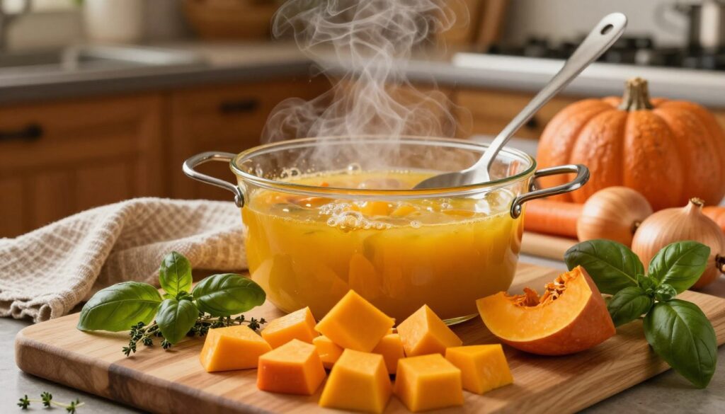 A cozy kitchen scene, capturing the essence of preparing pumpkin soup. In the foreground, a wooden cutting board is adorned with vibrant, diced orange pumpkin pieces, alongside fresh herbs like basil and thyme. A pot simmering with golden soup bubbles in the middle, surrounded by an array of colorful vegetables including carrots and onions, steaming gently. In the background, warm light fills the kitchen, enhancing the inviting atmosphere, reflecting off rustic wooden cabinets. A soft focus on a textured cloth and an elegant ladle protruding from the pot, suggesting preparation in progress. The overall mood is warm and inviting, evoking a sense of comfort and home-cooked goodness. The image should be well-lit, with a slight warm hue. A cozy kitchen scene, capturing the essence of preparing pumpkin soup. In the foreground, a wooden cutting board is adorned with vibrant, diced orange pumpkin pieces, alongside fresh herbs like basil and thyme. A pot simmering with golden soup bubbles in the middle, surrounded by an array of colorful vegetables including carrots and onions, steaming gently. In the background, warm light fills the kitchen, enhancing the inviting atmosphere, reflecting off rustic wooden cabinets. A soft focus on a textured cloth and an elegant ladle protruding from the pot, suggesting preparation in progress. The overall mood is warm and inviting, evoking a sense of comfort and home-cooked goodness. The image should be well-lit, with a slight warm hue.