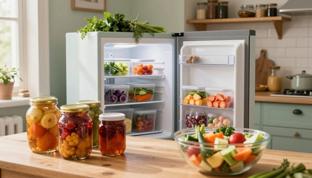 A cozy kitchen scene depicting the preservation methods of food, focusing on freezing and homemade preserves. In the foreground, a wooden table showcases jars of colorful pickles, jams, and canned fruits, gleaming under soft, warm lighting. A large, transparent bowl filled with fresh, chopped vegetables sits nearby, hinting at meal prep for freezing. In the middle, a neatly organized freezer is partially open, revealing neatly stacked containers of frozen vegetables and fruits. The background features a rustic kitchen with pastel-colored walls and shelves lined with herbs and spices. The overall atmosphere is inviting and purposeful, capturing the essence of sustainability and care in food preservation. Natural light streams in through a window, enhancing the inviting ambiance.