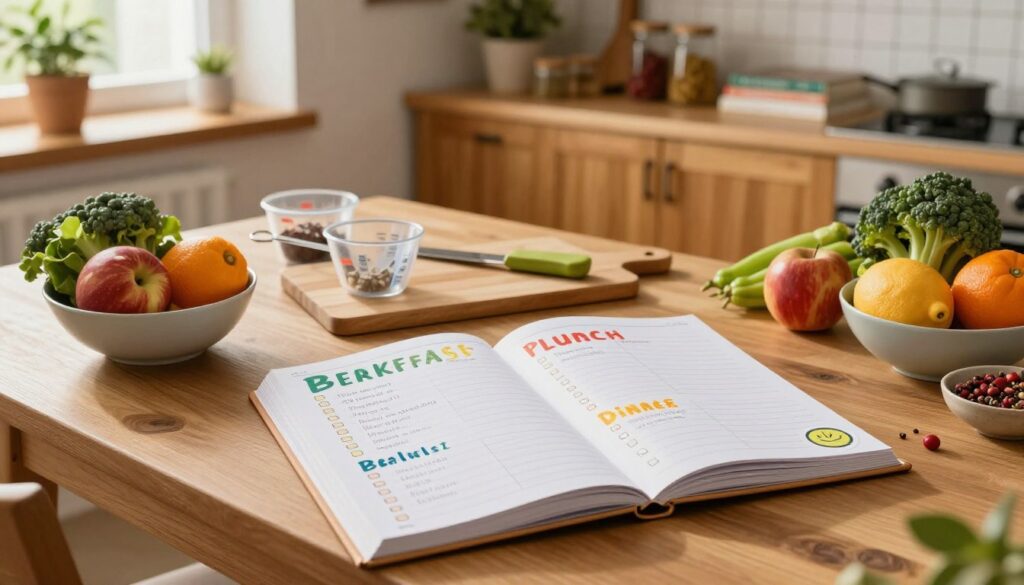 A cozy kitchen scene featuring a wooden table neatly arranged with a colorful meal plan for the week, surrounded by fresh fruits and vegetables in bowls. In the foreground, a planner can be seen open, showing neatly organized meals for breakfast, lunch, and dinner, with small checkboxes next to each item. In the middle, kitchen utensils like measuring cups and a chopping board are laid out, evoking a sense of preparation. The background features warm wooden cabinets and shelves filled with spices, cookbooks, and plants, all illuminated by soft, natural lighting coming from a window. The atmosphere is inviting and homely, emphasizing a practical approach to meal planning. The perspective should be a slightly elevated angle to capture all the elements harmoniously.