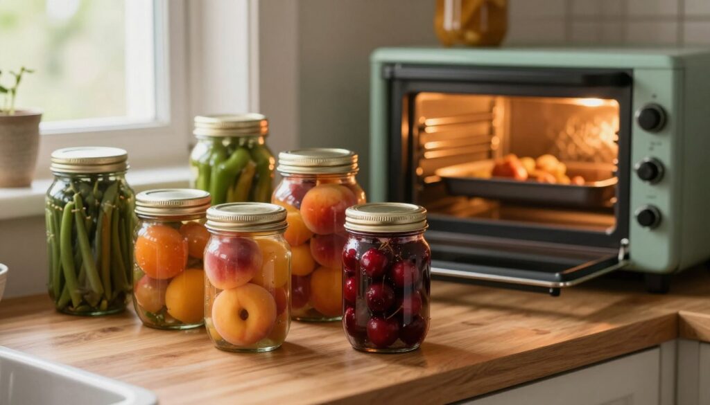 A cozy kitchen scene featuring jars of various canned goods neatly arranged on a wooden countertop, ready for oven pasteurization. In the foreground, a few jars showcase vibrant fruits like peaches and cherries, while others hold colorful vegetables like green beans and peppers, all sealed tightly. The middle ground displays an antique oven, its door open slightly, revealing the warm, glowing light inside, emphasizing the process of pasteurization. In the background, soft natural light filters in through a window, casting gentle shadows and creating an inviting atmosphere. The mood is one of warmth, hominess, and the joy of preserving food. No people are present to keep the focus on the jars and the kitchen setting.
