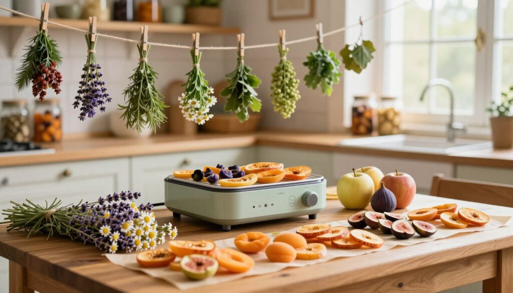 A cozy kitchen scene filled with drying fruits and flowers. In the foreground, a wooden table displays an array of vibrant, freshly cut fruits like apricots, apples, and figs, alongside colorful flowers such as lavender and chamomile, all arranged neatly on parchment paper. In the middle, a rustic food dehydrator quietly operates, surrounded by various herbs hanging from clothespins on a line, emphasizing the home drying method. The background features softly lit kitchen shelves adorned with jars of dried produce, a window allowing natural sunlight to flood in, creating a warm, inviting atmosphere. Use soft focus for a dreamy ambiance, capturing the essence of homemade preservation techniques. The image should feel nurturing and resourceful. A cozy kitchen scene filled with drying fruits and flowers. In the foreground, a wooden table displays an array of vibrant, freshly cut fruits like apricots, apples, and figs, alongside colorful flowers such as lavender and chamomile, all arranged neatly on parchment paper. In the middle, a rustic food dehydrator quietly operates, surrounded by various herbs hanging from clothespins on a line, emphasizing the home drying method. The background features softly lit kitchen shelves adorned with jars of dried produce, a window allowing natural sunlight to flood in, creating a warm, inviting atmosphere. Use soft focus for a dreamy ambiance, capturing the essence of homemade preservation techniques. The image should feel nurturing and resourceful.