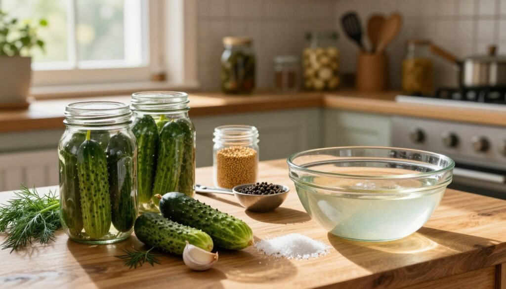 A cozy kitchen scene focused on the preparation of jars for pickling cucumbers. In the foreground, a wooden table displays several open glass jars, with fresh cucumbers, garlic cloves, and sprigs of dill scattered around. A large bowl filled with brine, made from clear water and salt, sits nearby, glistening in soft sunlight filtering through a window. The middle ground features neatly arranged spices, like mustard seeds and black pepper, alongside measuring spoons for exact proportions. In the background, rustic shelves are lined with other preserved items and kitchen utensils, adding warmth to the scene. The atmosphere is inviting and homey, with warm, natural lighting and a focus on the craft of pickling, evoking a sense of tradition and togetherness. A cozy kitchen scene focused on the preparation of jars for pickling cucumbers. In the foreground, a wooden table displays several open glass jars, with fresh cucumbers, garlic cloves, and sprigs of dill scattered around. A large bowl filled with brine, made from clear water and salt, sits nearby, glistening in soft sunlight filtering through a window. The middle ground features neatly arranged spices, like mustard seeds and black pepper, alongside measuring spoons for exact proportions. In the background, rustic shelves are lined with other preserved items and kitchen utensils, adding warmth to the scene. The atmosphere is inviting and homey, with warm, natural lighting and a focus on the craft of pickling, evoking a sense of tradition and togetherness.