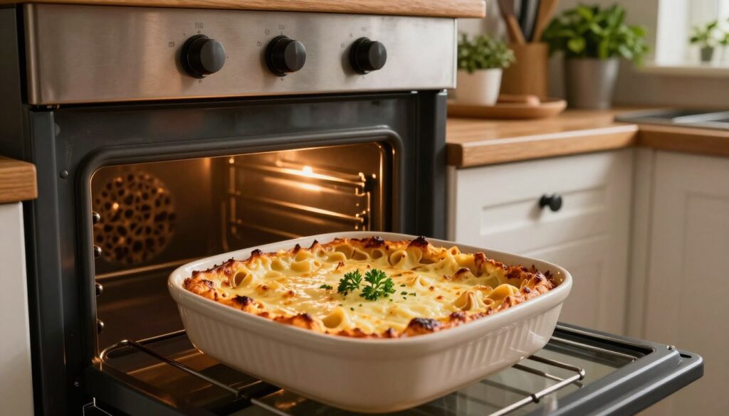 A cozy kitchen scene showcasing a delicious zapiekanka with melted cheese, beautifully arranged in a ceramic baking dish inside a warm, rustic oven. In the foreground, the zapiekanka is golden brown, with bubbling cheese and hints of pasta peeking through, garnished with parsley. In the middle, the oven door is slightly ajar, letting out a soft glow that highlights the dish's appetizing texture. The background features wooden shelves filled with cooking utensils and herb pots, creating a homey atmosphere. The lighting is warm and inviting, casting soft shadows and enhancing the dish's allure. Capture this from a slightly elevated angle, emphasizing both the zapiekanka and the inviting kitchen environment, creating a wholesome, comforting vibe. A cozy kitchen scene showcasing a delicious zapiekanka with melted cheese, beautifully arranged in a ceramic baking dish inside a warm, rustic oven. In the foreground, the zapiekanka is golden brown, with bubbling cheese and hints of pasta peeking through, garnished with parsley. In the middle, the oven door is slightly ajar, letting out a soft glow that highlights the dish's appetizing texture. The background features wooden shelves filled with cooking utensils and herb pots, creating a homey atmosphere. The lighting is warm and inviting, casting soft shadows and enhancing the dish's allure. Capture this from a slightly elevated angle, emphasizing both the zapiekanka and the inviting kitchen environment, creating a wholesome, comforting vibe.