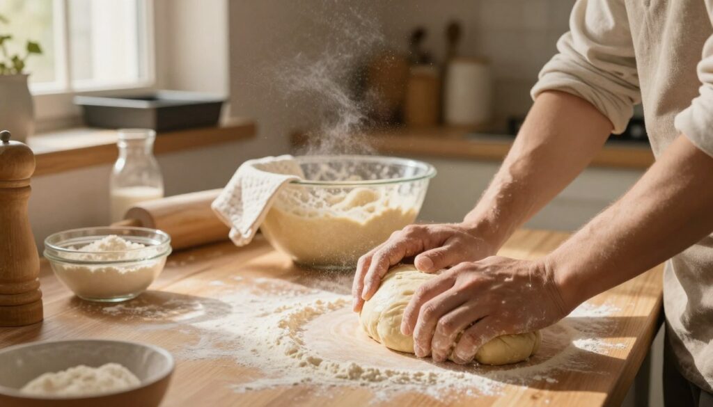A cozy kitchen setting featuring a wooden countertop laden with ingredients for making yeast dough. In the foreground, hands in modest, casual attire are actively kneading a soft, elastic dough, showcasing the texture and shine of the yeast mixture. Flour dust scatters lightly in the air, catching the warm, golden light coming from a nearby window. In the middle ground, a large mixing bowl filled with dough is rising, covered with a clean kitchen towel, emphasizing the fermentation process. Behind this, shelves are filled with baking essentials, and a prepped baking pan awaits in the background, hinting at the next steps in the bread-making journey. The atmosphere is warm and inviting, evoking a sense of home and craftsmanship in the art of baking. A cozy kitchen setting featuring a wooden countertop laden with ingredients for making yeast dough. In the foreground, hands in modest, casual attire are actively kneading a soft, elastic dough, showcasing the texture and shine of the yeast mixture. Flour dust scatters lightly in the air, catching the warm, golden light coming from a nearby window. In the middle ground, a large mixing bowl filled with dough is rising, covered with a clean kitchen towel, emphasizing the fermentation process. Behind this, shelves are filled with baking essentials, and a prepped baking pan awaits in the background, hinting at the next steps in the bread-making journey. The atmosphere is warm and inviting, evoking a sense of home and craftsmanship in the art of baking.