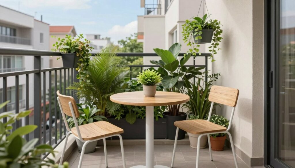 A cozy small balcony in an urban block setting, featuring modern and minimalist furniture suitable for limited space. In the foreground, a compact round table with two stylish chairs, made of light wood and metal, adorned with a small, vibrant potted plant. In the middle ground, a variety of lush greenery in hanging planters and smaller pots, creating a refreshing atmosphere. The background shows a partial view of neighboring buildings and a bright blue sky peeking through the balcony rails. Soft, natural lighting illuminates the scene, giving a warm and inviting feel. Capture a wide-angle perspective to emphasize the balcony's charm, making it ideal for relaxation and enjoyment of outdoor space. A cozy small balcony in an urban block setting, featuring modern and minimalist furniture suitable for limited space. In the foreground, a compact round table with two stylish chairs, made of light wood and metal, adorned with a small, vibrant potted plant. In the middle ground, a variety of lush greenery in hanging planters and smaller pots, creating a refreshing atmosphere. The background shows a partial view of neighboring buildings and a bright blue sky peeking through the balcony rails. Soft, natural lighting illuminates the scene, giving a warm and inviting feel. Capture a wide-angle perspective to emphasize the balcony's charm, making it ideal for relaxation and enjoyment of outdoor space.