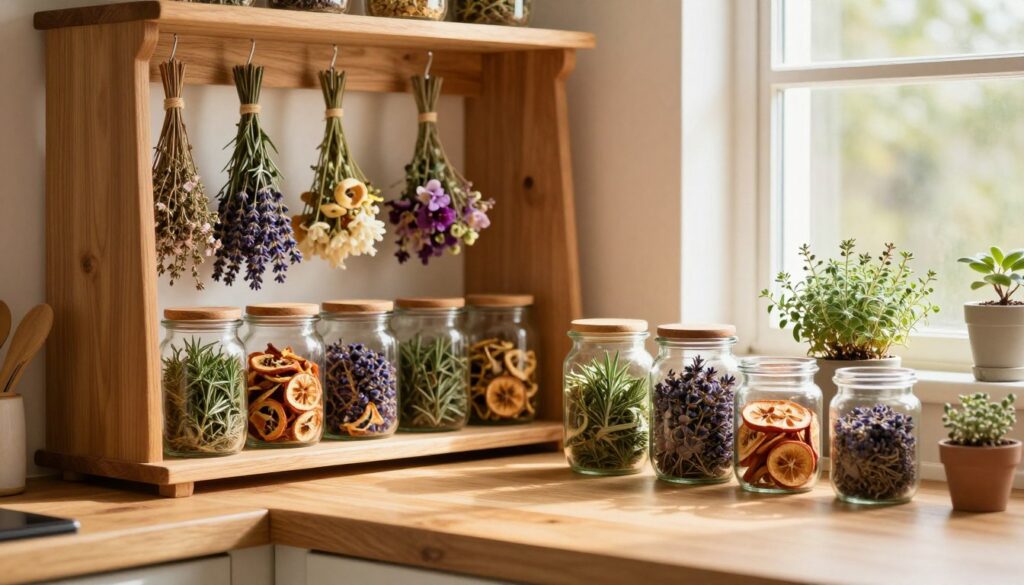 A cozy, well-organized kitchen scene depicting the storage of dried herbs, fruits, and flowers. In the foreground, a wooden countertop features several glass jars filled with colorful dried herbs like thyme, rosemary, and lavender, along with slices of dried fruits. A small potted herb plant adds a touch of freshness. In the middle ground, a rustic wooden shelving unit showcases more jars and bundles of dried flowers hanging from hooks. The background reveals warm, golden light streaming through a window, casting gentle shadows and creating a harmonious atmosphere. Soft focus on the background emphasizes the foreground details. The overall mood is inviting and serene, evoking the homey essence of preserving nature's bounty. A cozy, well-organized kitchen scene depicting the storage of dried herbs, fruits, and flowers. In the foreground, a wooden countertop features several glass jars filled with colorful dried herbs like thyme, rosemary, and lavender, along with slices of dried fruits. A small potted herb plant adds a touch of freshness. In the middle ground, a rustic wooden shelving unit showcases more jars and bundles of dried flowers hanging from hooks. The background reveals warm, golden light streaming through a window, casting gentle shadows and creating a harmonious atmosphere. Soft focus on the background emphasizes the foreground details. The overall mood is inviting and serene, evoking the homey essence of preserving nature's bounty.