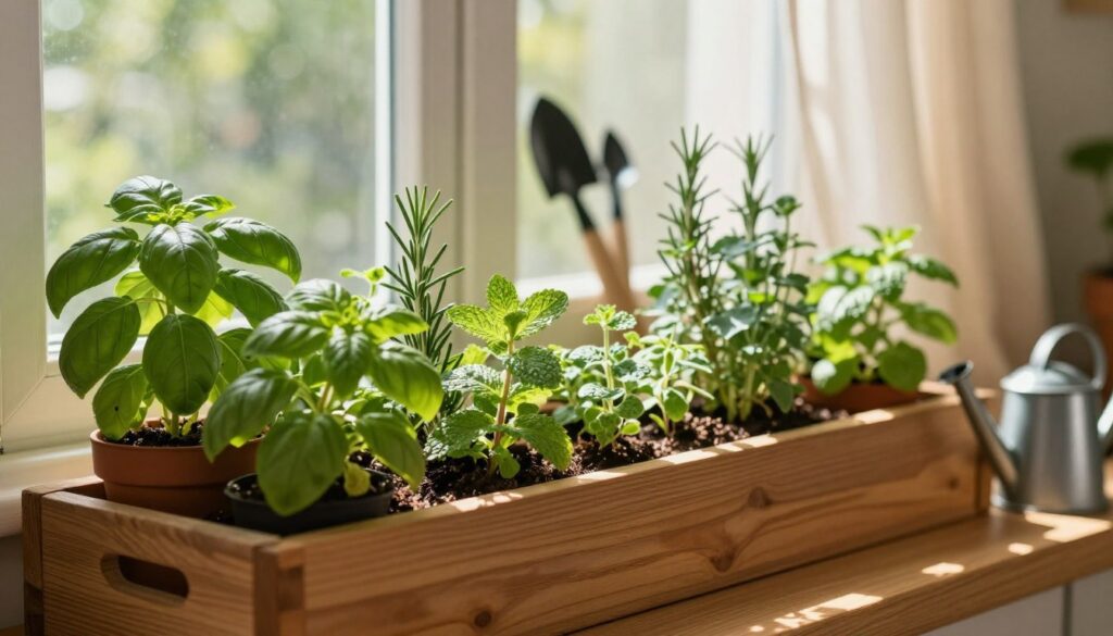 A cozy windowsill herb garden bathed in warm, natural light. In the foreground, vibrant pots of fresh herbs like basil, mint, and rosemary, showcasing their lush green leaves and delicate textures. A wooden planter box holds a variety of small, thriving plants, while soft shadows dance across the surface from nearby sunlight streaming through a window. In the middle ground, a blurred assortment of gardening tools and a small watering can hint at a nurturing atmosphere. The background features a sunny window with a light curtain gently swaying, adding a serene, homely touch. Overall, the scene radiates warmth and tranquility, emphasizing the joy of growing herbs at home year-round. A cozy windowsill herb garden bathed in warm, natural light. In the foreground, vibrant pots of fresh herbs like basil, mint, and rosemary, showcasing their lush green leaves and delicate textures. A wooden planter box holds a variety of small, thriving plants, while soft shadows dance across the surface from nearby sunlight streaming through a window. In the middle ground, a blurred assortment of gardening tools and a small watering can hint at a nurturing atmosphere. The background features a sunny window with a light curtain gently swaying, adding a serene, homely touch. Overall, the scene radiates warmth and tranquility, emphasizing the joy of growing herbs at home year-round.