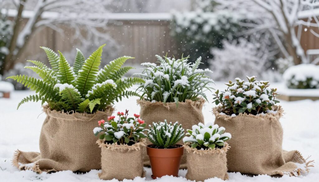 A cozy winter scene featuring potted plants wrapped in protective materials to shield them from the cold. In the foreground, showcase a variety of potted plants, such as vibrant green ferns and small flowering shrubs, adorned with burlap and snug blankets, demonstrating care and winter protection. In the middle ground, gently falling snowflakes create a soft atmosphere around the plants, hinting at the chilly weather. The background features a slightly blurred view of a tranquil garden in winter, with snow-covered ground and frosted trees, adding depth to the setting. Soft, diffused light enhances the serene mood, capturing the essence of winter plant care. The composition should evoke warmth and protection despite the cold environment. A cozy winter scene featuring potted plants wrapped in protective materials to shield them from the cold. In the foreground, showcase a variety of potted plants, such as vibrant green ferns and small flowering shrubs, adorned with burlap and snug blankets, demonstrating care and winter protection. In the middle ground, gently falling snowflakes create a soft atmosphere around the plants, hinting at the chilly weather. The background features a slightly blurred view of a tranquil garden in winter, with snow-covered ground and frosted trees, adding depth to the setting. Soft, diffused light enhances the serene mood, capturing the essence of winter plant care. The composition should evoke warmth and protection despite the cold environment.