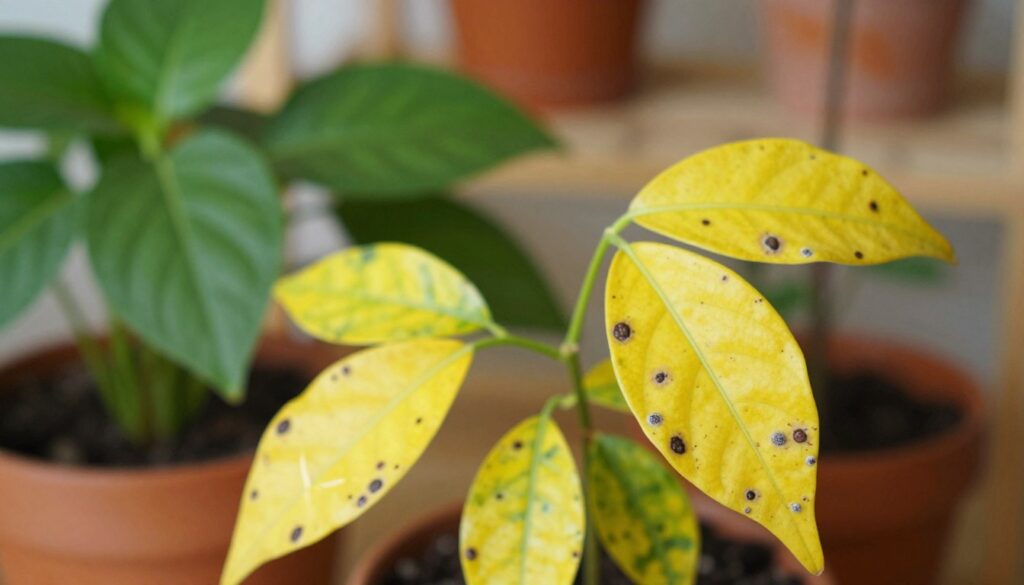 A detailed close-up image of indoor potted plants showing yellowing leaves affected by pests and fungal diseases. In the foreground, focus on a few leaves with distinct yellow edges and visible signs of pest damage, such as tiny holes and droppings. The middle ground features a variety of plants, including a healthy-looking green plant contrasting with the affected ones. The background is softly blurred, hinting at a cozy indoor environment with warm lighting that creates a gentle, inviting atmosphere. Use a macro lens perspective to emphasize the textures of the leaves and the pests, ensuring the scene captures both the beauty and the distress caused by these issues. The mood is educational yet serene, highlighting the nuances of plant care. A detailed close-up image of indoor potted plants showing yellowing leaves affected by pests and fungal diseases. In the foreground, focus on a few leaves with distinct yellow edges and visible signs of pest damage, such as tiny holes and droppings. The middle ground features a variety of plants, including a healthy-looking green plant contrasting with the affected ones. The background is softly blurred, hinting at a cozy indoor environment with warm lighting that creates a gentle, inviting atmosphere. Use a macro lens perspective to emphasize the textures of the leaves and the pests, ensuring the scene captures both the beauty and the distress caused by these issues. The mood is educational yet serene, highlighting the nuances of plant care.