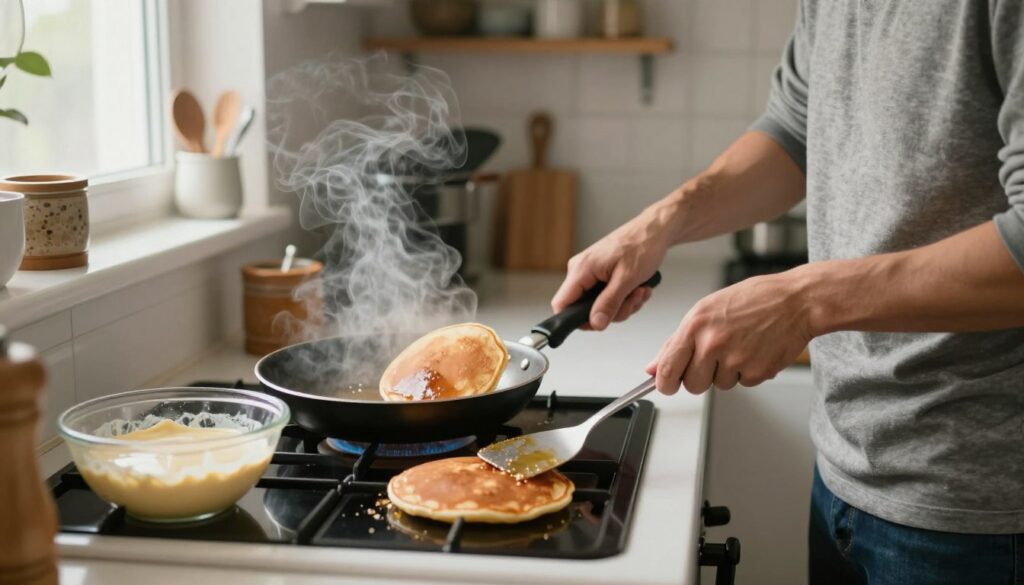 A kitchen scene depicting common problems encountered while frying pancakes. In the foreground, a person in modest casual clothing stands at a stovetop, frowning slightly as they struggle with a spatula and a burnt pancake. In the middle ground, a frying pan emits a wisp of smoke, showcasing a failed pancake resting at an awkward angle. Beside it, a bowl of smooth batter sits, hinting at the desired outcome. The background features kitchen shelves filled with cooking utensils and a window allowing soft, natural light to stream in, creating a warm atmosphere. The overall mood is a mix of frustration and determination, with highlights capturing the steam and textures of the cooking ingredients, emphasizing the art of pancake making.