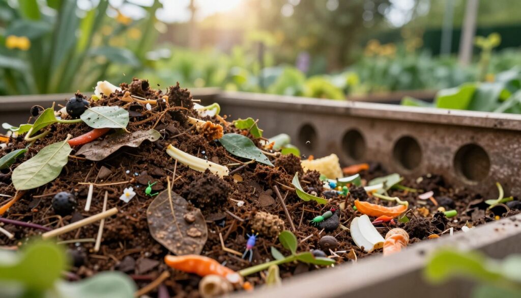 A lush garden composting area, focusing on a vibrant compost heap rich in organic materials like leaves, vegetable scraps, and coffee grounds. In the foreground, show a layered cross-section of the compost, with visible moisture and texture detail, illustrating the concept of humidity. In the middle, include air circulation through holes in a compost bin, emphasizing oxygen availability, with soil microbes depicted as tiny, colorful specks. The background features greenery, indicating a healthy garden environment, under soft, diffused sunlight streaming through trees, creating a serene and nurturing atmosphere. A macro lens perspective enhances the intricate details of the compost, inviting viewers to appreciate the science of effective composting.