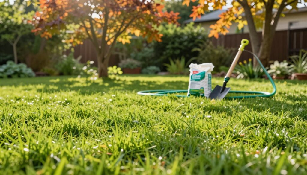 A lush green lawn in the foreground, with vibrant patches of grass showing various stages of growth, representing spring to autumn fertilization schedules. In the middle ground, a well-maintained garden hose and a small bag of fertilizer sit beside a gardening trowel, hinting at the action of lawn care. In the background, trees with colorful autumn leaves frame the scene, suggesting seasonal change. Soft sunlight filters through the branches, creating a warm and inviting atmosphere. The angle captures the essence of a manicured yard, inviting viewers to appreciate the beauty and care involved in lawn fertilization throughout the year. The composition should feel serene and nurturing, emphasizing the importance of timely lawn care. A lush green lawn in the foreground, with vibrant patches of grass showing various stages of growth, representing spring to autumn fertilization schedules. In the middle ground, a well-maintained garden hose and a small bag of fertilizer sit beside a gardening trowel, hinting at the action of lawn care. In the background, trees with colorful autumn leaves frame the scene, suggesting seasonal change. Soft sunlight filters through the branches, creating a warm and inviting atmosphere. The angle captures the essence of a manicured yard, inviting viewers to appreciate the beauty and care involved in lawn fertilization throughout the year. The composition should feel serene and nurturing, emphasizing the importance of timely lawn care.