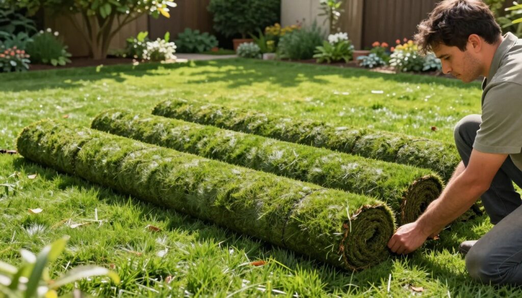 A lush green lawn installation scene, showcasing the process of laying down rolled sod. In the foreground, a worker in casual but professional clothing kneels on the grass, smoothing out seams between the rolls of sod. The middle ground features neatly placed sod rolls, highlighting the texture and rich, vibrant green color of the grass. In the background, a picturesque garden setting with trees and flower beds adds depth to the scene. The sunlight filters through the leaves, casting gentle shadows on the ground, creating a warm and inviting atmosphere. The angle is slightly above, providing a comprehensive view of the lawn being laid and its surroundings, emphasizing the care and effort involved in establishing a healthy lawn. A lush green lawn installation scene, showcasing the process of laying down rolled sod. In the foreground, a worker in casual but professional clothing kneels on the grass, smoothing out seams between the rolls of sod. The middle ground features neatly placed sod rolls, highlighting the texture and rich, vibrant green color of the grass. In the background, a picturesque garden setting with trees and flower beds adds depth to the scene. The sunlight filters through the leaves, casting gentle shadows on the ground, creating a warm and inviting atmosphere. The angle is slightly above, providing a comprehensive view of the lawn being laid and its surroundings, emphasizing the care and effort involved in establishing a healthy lawn.