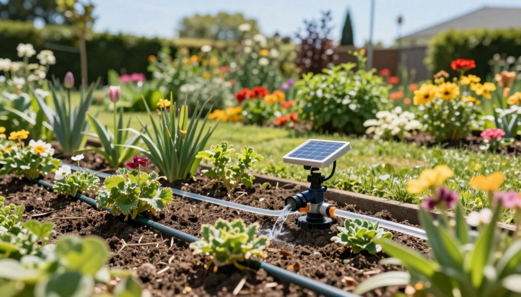 A modern garden irrigation system in action, showcasing a lush, vibrant garden filled with various plants and flowers. In the foreground, detailed drip irrigation lines snake through the soil, strategically positioned near the bases of flowering plants. The middle section features a small, solar-powered pump, with water gently flowing through transparent tubing, highlighting the efficiency of the system. The background presents a beautifully manicured garden with a mix of colorful blooms and green foliage under bright, natural sunlight, casting soft shadows. The scene conveys a peaceful and serene atmosphere, suggesting sustainability and care for the environment. The image captures a clear blue sky, enhancing the overall freshness and vibrancy of the garden setting.