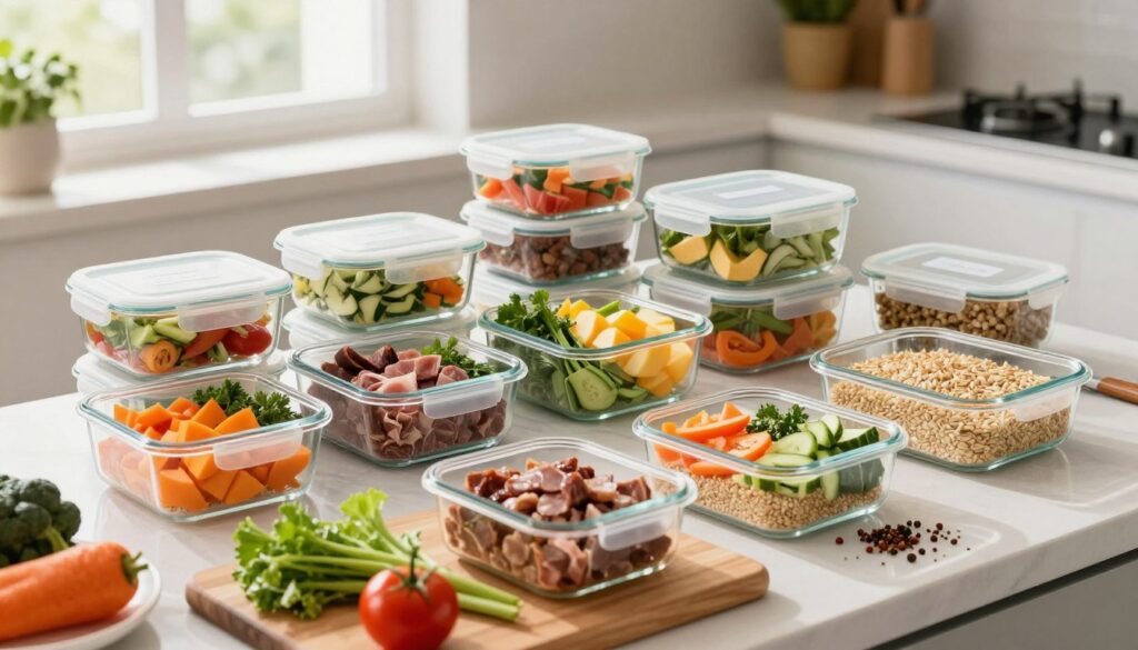 A modern kitchen scene showcasing a vibrant meal prep area, emphasizing a week's worth of healthy, colorful meals neatly arranged in glass containers. In the foreground, various ingredients like chopped vegetables, lean proteins, and whole grains lay artfully on a wooden cutting board. The middle ground features a countertop with the meal containers organized by day, labeled with fresh herbs and spices adding a touch of green. The background highlights a window with soft, natural light streaming in, illuminating the freshness of the ingredients. The atmosphere is cheerful and inviting, conveying a sense of organization and health. Capture the scene from a slightly elevated angle to give a comprehensive view, enhancing the clarity and appeal of the meal prep setup.