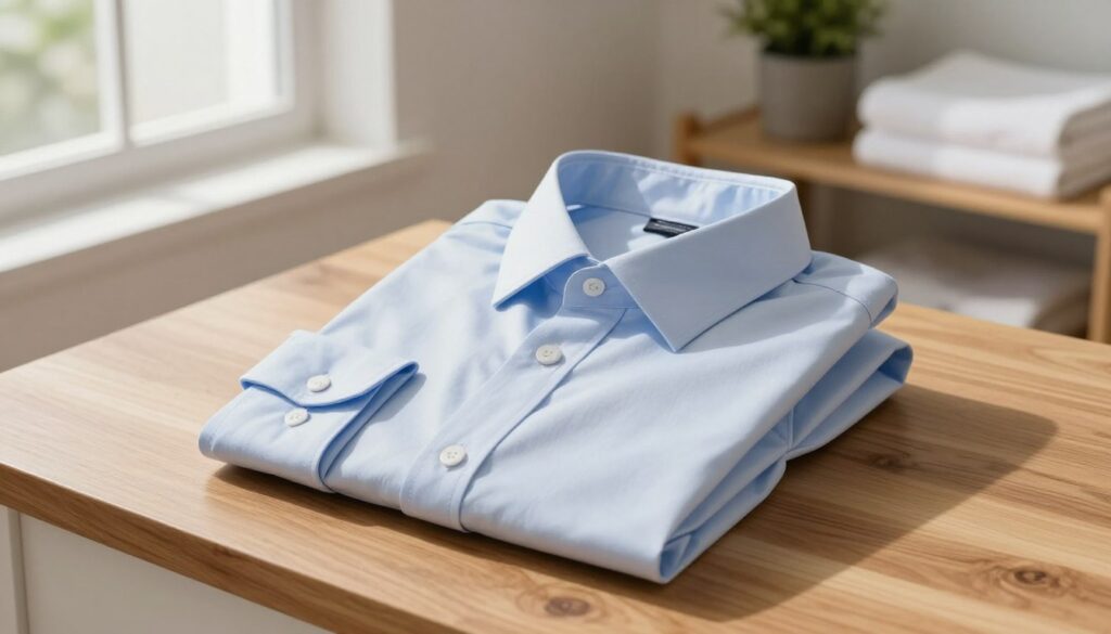 A neatly ironed shirt is displayed folded on a smooth wooden surface in a well-lit, cozy laundry room. The shirt, light blue with crisp white collar and cuffs, appears fresh and neatly shaped, emphasizing the care taken in its presentation. In the background, a softly glowing window allows natural sunlight to filter in, casting gentle shadows and creating a serene atmosphere. An organized shelf nearby holds neatly stacked towels and a decorative potted plant, adding warmth to the scene. The image captures the essence of meticulous garment care and proper shirt storage, evoking a sense of cleanliness and organization that complements the theme of post-ironing care. A neatly ironed shirt is displayed folded on a smooth wooden surface in a well-lit, cozy laundry room. The shirt, light blue with crisp white collar and cuffs, appears fresh and neatly shaped, emphasizing the care taken in its presentation. In the background, a softly glowing window allows natural sunlight to filter in, casting gentle shadows and creating a serene atmosphere. An organized shelf nearby holds neatly stacked towels and a decorative potted plant, adding warmth to the scene. The image captures the essence of meticulous garment care and proper shirt storage, evoking a sense of cleanliness and organization that complements the theme of post-ironing care.