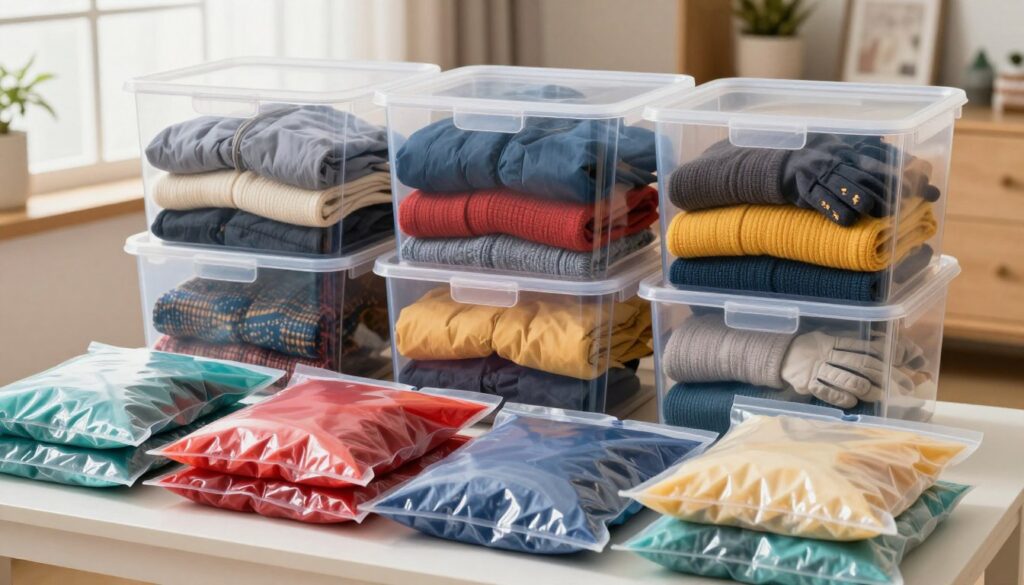 A neatly organized display showcasing vacuum bags, storage containers, and garment covers designed for winter clothing. In the foreground, highlight various colorful vacuum bags, illustrating their airtight seals and compact storage capabilities. The middle layer should feature sturdy, transparent storage containers filled with bundled winter clothing, such as jackets, scarves, and gloves, arranged neatly in a cozy room setting. In the background, soft natural light filters through a window, creating a warm and inviting atmosphere. The scene exudes a sense of order and preparation, perfect for winter storage solutions, emphasizing practicality and organization in home management. A neatly organized display showcasing vacuum bags, storage containers, and garment covers designed for winter clothing. In the foreground, highlight various colorful vacuum bags, illustrating their airtight seals and compact storage capabilities. The middle layer should feature sturdy, transparent storage containers filled with bundled winter clothing, such as jackets, scarves, and gloves, arranged neatly in a cozy room setting. In the background, soft natural light filters through a window, creating a warm and inviting atmosphere. The scene exudes a sense of order and preparation, perfect for winter storage solutions, emphasizing practicality and organization in home management.