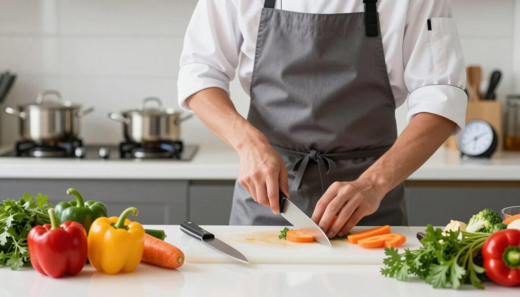 A neatly organized kitchen scene focusing on a professional chef preparing a quick and tidy meal. In the foreground, vibrant vegetables such as bell peppers, carrots, and fresh herbs are neatly arranged on a clean cutting board, with a sharp knife placed strategically beside them. The middle ground features the chef, dressed in a stylish but modest cooking apron, using a chopping technique with focused intensity. Behind them, a modern kitchen setup shows pots simmering on the stove, and a timer is visible, indicating the time limit. Soft, warm lighting creates an inviting atmosphere, while a slight depth of field draws attention to the chef and their efficient workspace. The overall mood is dynamic and inspiring, promoting the idea of quick meal preparation without chaos. A neatly organized kitchen scene focusing on a professional chef preparing a quick and tidy meal. In the foreground, vibrant vegetables such as bell peppers, carrots, and fresh herbs are neatly arranged on a clean cutting board, with a sharp knife placed strategically beside them. The middle ground features the chef, dressed in a stylish but modest cooking apron, using a chopping technique with focused intensity. Behind them, a modern kitchen setup shows pots simmering on the stove, and a timer is visible, indicating the time limit. Soft, warm lighting creates an inviting atmosphere, while a slight depth of field draws attention to the chef and their efficient workspace. The overall mood is dynamic and inspiring, promoting the idea of quick meal preparation without chaos.