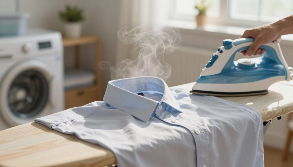 A neatly pressed shirt being ironed on a wooden ironing board, focusing on the back and collar. The background shows a well-organized laundry room with soft, natural light streaming through a window, creating a warm and inviting atmosphere. The foreground features an iron emitting steam, highlighting its glossy surface, while the shirt's fabric is depicted with textured detail, showcasing the crispness of the cotton. The collar is perfectly aligned, demonstrating meticulous ironing technique. The angle is slightly overhead to emphasize the process, evoking a sense of calm productivity. The overall mood is serene and focused, capturing the essence of careful shirt ironing. A neatly pressed shirt being ironed on a wooden ironing board, focusing on the back and collar. The background shows a well-organized laundry room with soft, natural light streaming through a window, creating a warm and inviting atmosphere. The foreground features an iron emitting steam, highlighting its glossy surface, while the shirt's fabric is depicted with textured detail, showcasing the crispness of the cotton. The collar is perfectly aligned, demonstrating meticulous ironing technique. The angle is slightly overhead to emphasize the process, evoking a sense of calm productivity. The overall mood is serene and focused, capturing the essence of careful shirt ironing.