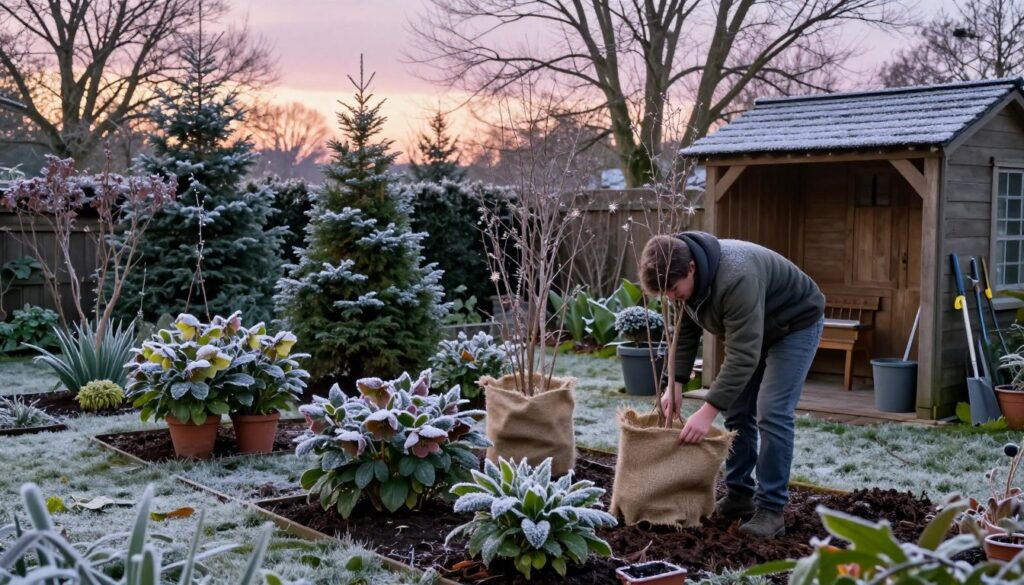 A peaceful winter garden in December, showcasing various plants being carefully protected against frost and harsh weather. In the foreground, a gardener dressed in modest casual clothing is wrapping burlap around tender plants and applying mulch to the ground. The middle ground features a variety of evergreen shrubs, winter flowers like hellebores, and potted plants coming indoors. Frost sparkles on the leaves, while a classic wooden shed holds gardening tools. The background reveals a serene landscape with snow lightly dusting the ground and bare trees silhouetted against a soft, pastel sunset. The lighting is soft and diffuse, creating a tranquil atmosphere. The image should evoke a sense of calm and preparation for the new gardening year ahead. A peaceful winter garden in December, showcasing various plants being carefully protected against frost and harsh weather. In the foreground, a gardener dressed in modest casual clothing is wrapping burlap around tender plants and applying mulch to the ground. The middle ground features a variety of evergreen shrubs, winter flowers like hellebores, and potted plants coming indoors. Frost sparkles on the leaves, while a classic wooden shed holds gardening tools. The background reveals a serene landscape with snow lightly dusting the ground and bare trees silhouetted against a soft, pastel sunset. The lighting is soft and diffuse, creating a tranquil atmosphere. The image should evoke a sense of calm and preparation for the new gardening year ahead.
