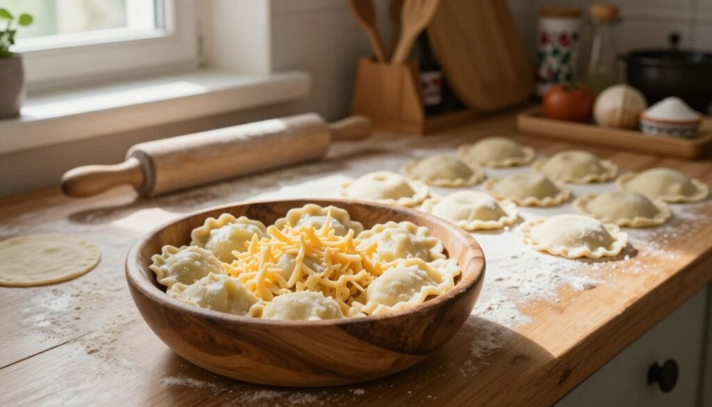 A rustic kitchen countertop reflecting a warm, inviting atmosphere. In the foreground, a large wooden bowl filled with freshly prepared, creamy potato and cheese filling, traditionally used for pierogi ruskie. Delicate dough circles are neatly arranged beside the bowl, ready for assembly. The middle ground showcases a rolling pin and scattered flour, hinting at the preparation process. Soft, natural light streams in from a nearby window, casting gentle shadows that emphasize the textures of the dough and filling. In the background, a wooden shelf displays traditional Polish utensils and ingredients, enhancing the cultural authenticity of the scene. The overall mood is cozy and nostalgic, celebrating the art of making pierogi from scratch. A rustic kitchen countertop reflecting a warm, inviting atmosphere. In the foreground, a large wooden bowl filled with freshly prepared, creamy potato and cheese filling, traditionally used for pierogi ruskie. Delicate dough circles are neatly arranged beside the bowl, ready for assembly. The middle ground showcases a rolling pin and scattered flour, hinting at the preparation process. Soft, natural light streams in from a nearby window, casting gentle shadows that emphasize the textures of the dough and filling. In the background, a wooden shelf displays traditional Polish utensils and ingredients, enhancing the cultural authenticity of the scene. The overall mood is cozy and nostalgic, celebrating the art of making pierogi from scratch.