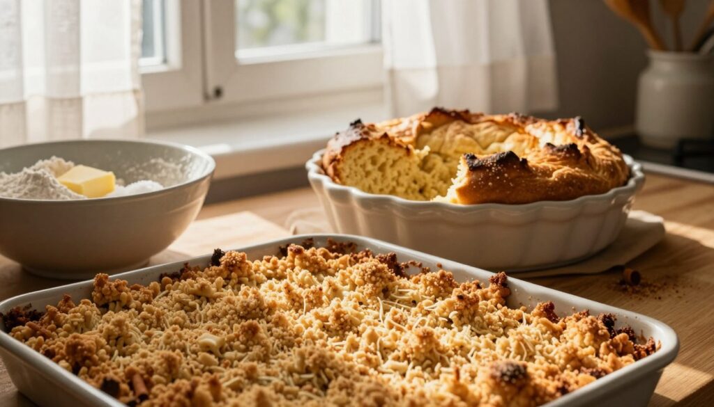 A rustic kitchen scene featuring a freshly made batch of homemade crumble topping (kruszonka) for yeast cake (ciasto drożdżowe). In the foreground, a wooden countertop covered with a generous layer of golden, buttery crumble, speckled with cinnamon. A mixing bowl filled with leftover ingredients such as flour, sugar, and butter is partially visible. In the middle, a quaint ceramic dish holds a partially baked fluffy yeast cake, its edges crisping beautifully. In the background, sun-drenched windows with sheer white curtains allow soft, warm light to cascade onto the scene, creating inviting shadows. The atmosphere is cozy and inviting, perfect for home baking, evoking a sense of warmth and tradition. A rustic kitchen scene featuring a freshly made batch of homemade crumble topping (kruszonka) for yeast cake (ciasto drożdżowe). In the foreground, a wooden countertop covered with a generous layer of golden, buttery crumble, speckled with cinnamon. A mixing bowl filled with leftover ingredients such as flour, sugar, and butter is partially visible. In the middle, a quaint ceramic dish holds a partially baked fluffy yeast cake, its edges crisping beautifully. In the background, sun-drenched windows with sheer white curtains allow soft, warm light to cascade onto the scene, creating inviting shadows. The atmosphere is cozy and inviting, perfect for home baking, evoking a sense of warmth and tradition.
