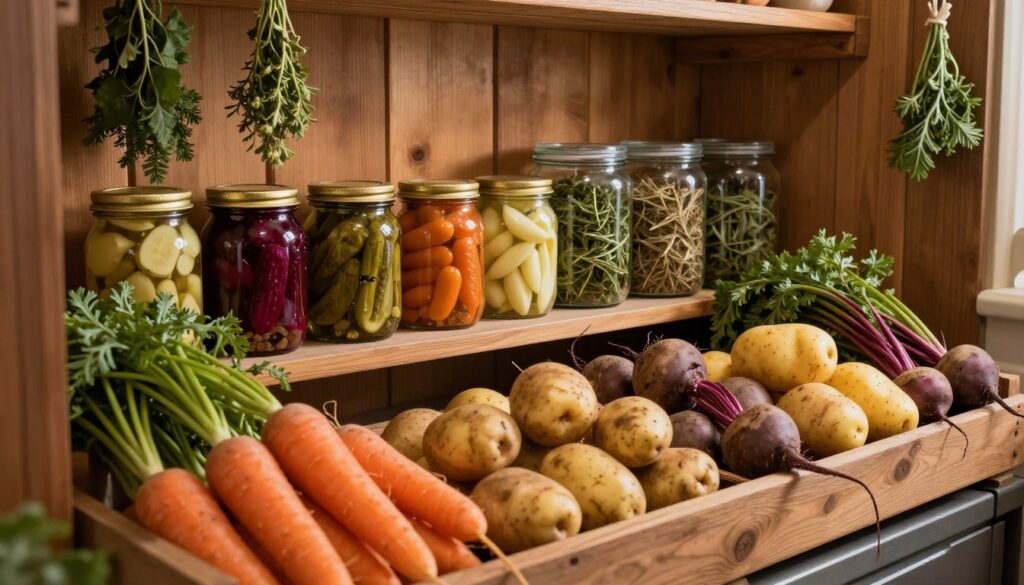 A rustic pantry filled with freshly harvested vegetables organized for storage. In the foreground, an assortment of root vegetables like carrots, potatoes, and beets laid out on wooden crates, emphasizing their earthy colors and textures. In the middle, jars of pickled vegetables and glass containers holding dried herbs are displayed on shelves, adding a homely touch. The background features wooden walls lined with hanging herbs and a soft glow from warm, ambient lighting, creating a cozy and inviting atmosphere. The scene captures the essence of preparation for vegetable storage, with a focus on freshness and natural preservation. The angle is slightly elevated, providing a clear view of the entire setup, evoking a sense of tranquility and readiness for the winter months ahead. A rustic pantry filled with freshly harvested vegetables organized for storage. In the foreground, an assortment of root vegetables like carrots, potatoes, and beets laid out on wooden crates, emphasizing their earthy colors and textures. In the middle, jars of pickled vegetables and glass containers holding dried herbs are displayed on shelves, adding a homely touch. The background features wooden walls lined with hanging herbs and a soft glow from warm, ambient lighting, creating a cozy and inviting atmosphere. The scene captures the essence of preparation for vegetable storage, with a focus on freshness and natural preservation. The angle is slightly elevated, providing a clear view of the entire setup, evoking a sense of tranquility and readiness for the winter months ahead.