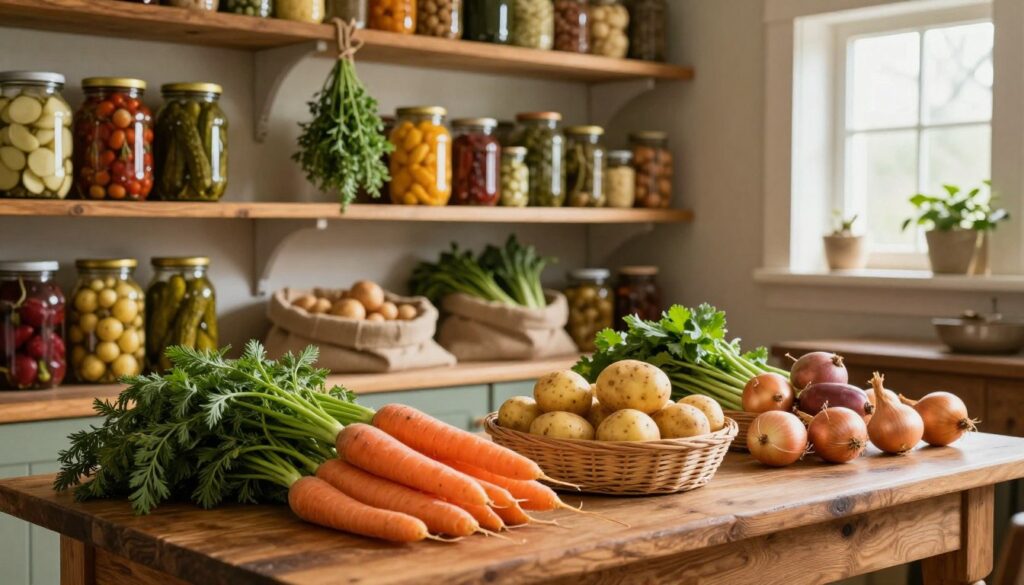 A rustic pantry scene filled with various types of vegetables perfectly organized by their respective categories for optimal storage. In the foreground, there's a wooden table featuring fresh carrots, potatoes, and onions, all neatly arranged in woven baskets. The middle ground showcases shelves laden with jars of pickled vegetables, herbs hanging from twine, and burlap bags of root vegetables. The background reveals a warm, warmly lit pantry space with soft natural light filtering through a small window, casting gentle shadows. This scene conveys a cozy, inviting atmosphere, emphasizing organization and freshness. The camera angle is slightly elevated, focusing on the left side of the pantry to capture the richness of colors and textures, evoking a homey, nurturing feel. A rustic pantry scene filled with various types of vegetables perfectly organized by their respective categories for optimal storage. In the foreground, there's a wooden table featuring fresh carrots, potatoes, and onions, all neatly arranged in woven baskets. The middle ground showcases shelves laden with jars of pickled vegetables, herbs hanging from twine, and burlap bags of root vegetables. The background reveals a warm, warmly lit pantry space with soft natural light filtering through a small window, casting gentle shadows. This scene conveys a cozy, inviting atmosphere, emphasizing organization and freshness. The camera angle is slightly elevated, focusing on the left side of the pantry to capture the richness of colors and textures, evoking a homey, nurturing feel.
