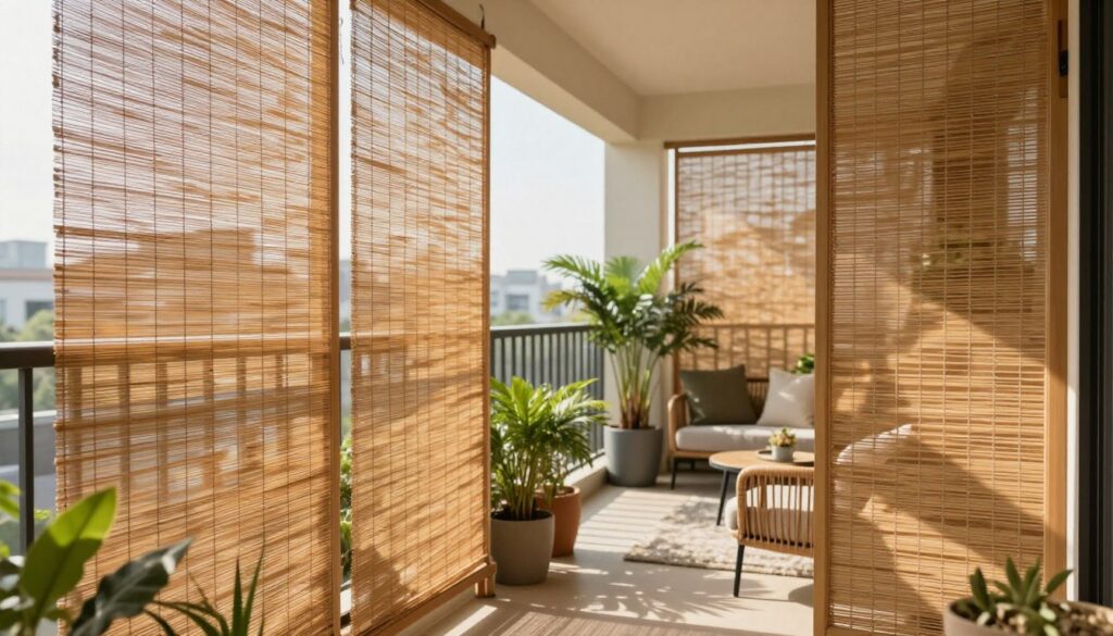 A serene balcony showcasing bamboo and synthetic rattan screens for privacy and wind protection. In the foreground, intricate patterns of the bamboo and technorattan weave are highlighted under soft, diffused sunlight, casting gentle shadows. The middle section features potted plants, adding a touch of greenery to the scene, alongside comfortable, modern outdoor furniture arranged for a cozy atmosphere. In the background, a softly blurred skyline hints at neighboring buildings, emphasizing the balcony’s role in creating a secluded space. The overall mood is tranquil and inviting, suitable for relaxation. Use a wide-angle lens perspective to capture depth and showcase the harmonious blend of materials, with natural colors and textures enhancing the visual appeal. A serene balcony showcasing bamboo and synthetic rattan screens for privacy and wind protection. In the foreground, intricate patterns of the bamboo and technorattan weave are highlighted under soft, diffused sunlight, casting gentle shadows. The middle section features potted plants, adding a touch of greenery to the scene, alongside comfortable, modern outdoor furniture arranged for a cozy atmosphere. In the background, a softly blurred skyline hints at neighboring buildings, emphasizing the balcony’s role in creating a secluded space. The overall mood is tranquil and inviting, suitable for relaxation. Use a wide-angle lens perspective to capture depth and showcase the harmonious blend of materials, with natural colors and textures enhancing the visual appeal.