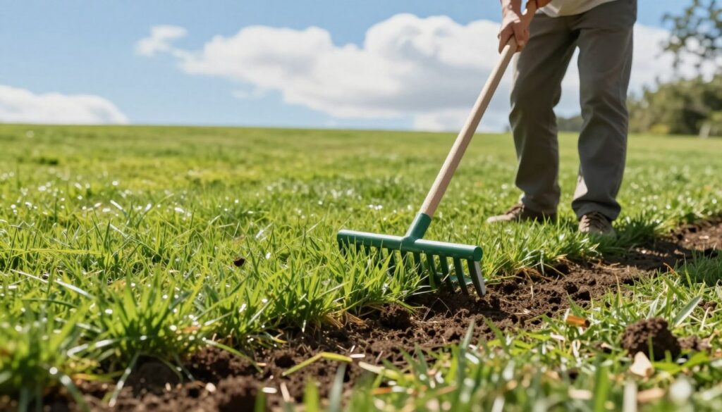 A serene garden scene depicting a well-maintained lawn being prepared for fertilization. In the foreground, a gardener in modest casual clothing is using a rake to level the grass, showcasing healthy, vibrant blades of green. The middle ground features a close-up view of the soil being aerated, with small clumps of earth and grass clippings scattered around, emphasizing the preparation process. In the background, there's a clear blue sky and a few fluffy white clouds, creating a calm and sunny atmosphere. The lighting is natural and warm, casting soft shadows on the lawn. The overall mood is diligent and refreshing, highlighting the importance of maintaining a lush and healthy lawn ready for nourishment. A serene garden scene depicting a well-maintained lawn being prepared for fertilization. In the foreground, a gardener in modest casual clothing is using a rake to level the grass, showcasing healthy, vibrant blades of green. The middle ground features a close-up view of the soil being aerated, with small clumps of earth and grass clippings scattered around, emphasizing the preparation process. In the background, there's a clear blue sky and a few fluffy white clouds, creating a calm and sunny atmosphere. The lighting is natural and warm, casting soft shadows on the lawn. The overall mood is diligent and refreshing, highlighting the importance of maintaining a lush and healthy lawn ready for nourishment.