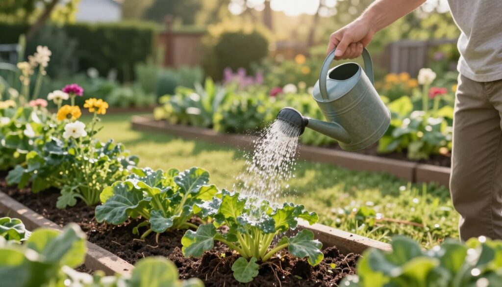 A serene garden scene focused on the act of watering plants, illustrating the importance of directing water to the root zone. In the foreground, a person in modest casual clothing is gently pouring water from a watering can at the base of a lush green plant, with water droplets glistening in the sunlight. The middle ground features a variety of healthy plants, including flowers and vegetables, set in well-structured garden beds. The background reveals a sunlit garden with soft-focus trees and bushes, creating a peaceful atmosphere. The lighting is warm and inviting, casting gentle shadows and enhancing the vivid colors of the plants. The angle captures the action and intention of good watering practices, ensuring that moisture is effectively reaching the roots.