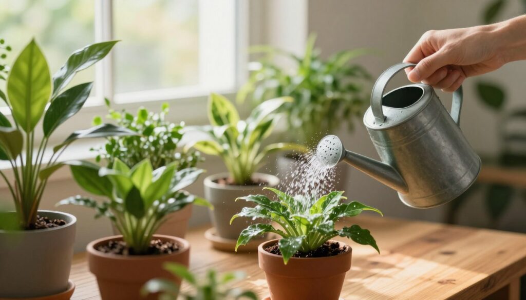 A serene indoor setting featuring a person gently watering potted plants, emphasizing careful and attentive care. In the foreground, a hand holds a watering can, pouring a controlled stream of water into a vibrant green plant with lush leaves. In the middle, a variety of potted plants in different sizes and shapes, showcasing healthy foliage, are arranged on a wooden table, with a soft focus to highlight the watering process. The background includes a sunlit window casting warm, natural light that enhances the tranquil atmosphere, suggesting a peaceful home environment. The overall mood is nurturing and calm, conveying the importance of proper plant care without overwatering. A serene indoor setting featuring a person gently watering potted plants, emphasizing careful and attentive care. In the foreground, a hand holds a watering can, pouring a controlled stream of water into a vibrant green plant with lush leaves. In the middle, a variety of potted plants in different sizes and shapes, showcasing healthy foliage, are arranged on a wooden table, with a soft focus to highlight the watering process. The background includes a sunlit window casting warm, natural light that enhances the tranquil atmosphere, suggesting a peaceful home environment. The overall mood is nurturing and calm, conveying the importance of proper plant care without overwatering.