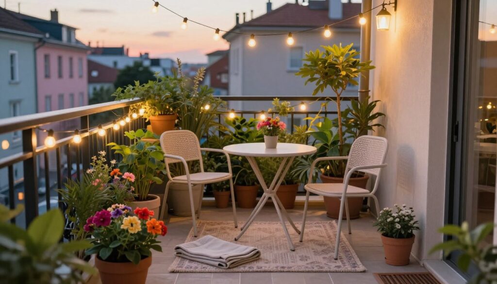 A small, stylish balcony decorated for comfort and functionality, featuring compact, modern furniture like a cozy bistro table and two chairs. The foreground showcases a vibrant collection of potted plants, including colorful flowers and lush greenery, adding life to the space. In the middle, a neatly folded outdoor rug ties the seating area together, while fairy lights are strung overhead, casting a warm, inviting glow as evening approaches. The background reveals a charming urban setting, with soft pastel buildings and a fading sunset illuminating the scene. The overall atmosphere is serene and welcoming, perfect for relaxation or an intimate gathering. The angle captures a slightly elevated view, emphasizing the harmonious layout of plants and furniture. A small, stylish balcony decorated for comfort and functionality, featuring compact, modern furniture like a cozy bistro table and two chairs. The foreground showcases a vibrant collection of potted plants, including colorful flowers and lush greenery, adding life to the space. In the middle, a neatly folded outdoor rug ties the seating area together, while fairy lights are strung overhead, casting a warm, inviting glow as evening approaches. The background reveals a charming urban setting, with soft pastel buildings and a fading sunset illuminating the scene. The overall atmosphere is serene and welcoming, perfect for relaxation or an intimate gathering. The angle captures a slightly elevated view, emphasizing the harmonious layout of plants and furniture.