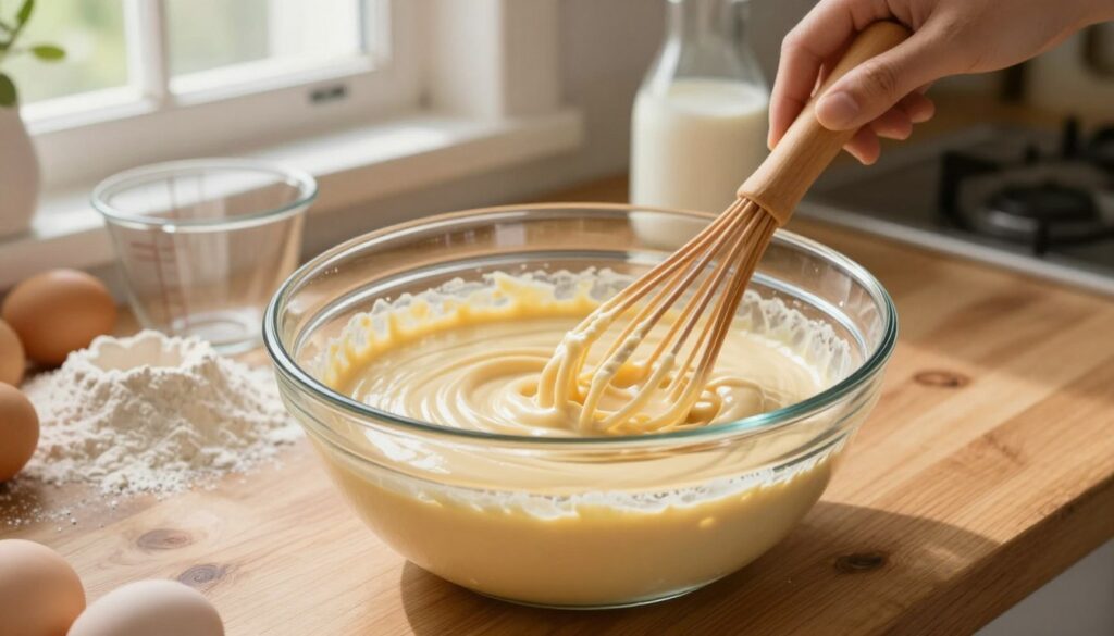 A smooth, lump-free pancake batter being prepared in a clear glass bowl, with a wooden whisk gently mixing the ingredients. The foreground features the bowl filled with creamy, liquid batter, highlighting its texture. In the middle, a rustic wooden kitchen countertop displays scattered flour and eggs, alongside measuring cups and a small milk jug. In the background, warm, natural light streams through a window, illuminating the inviting kitchen atmosphere. The focus is sharp on the batter in the bowl, creating a vibrant and appetizing appearance. The overall mood is cheerful and homey, evoking the joy of cooking delicious crepes.