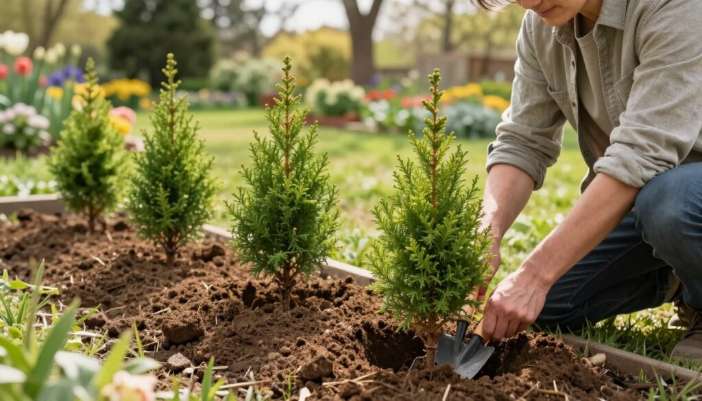 A step-by-step guide to planting thuja in a garden setting. In the foreground, a gardener in modest casual clothing kneels beside several young thuja plants, carefully digging a planting hole with a handheld trowel. The middle ground features a row of freshly planted thuja, their vibrant green foliage contrasting with the rich brown soil. The background includes a sunny, serene garden landscape, dotted with blooming flowers and tall trees, illustrating a peaceful outdoor atmosphere. Soft, warm natural lighting bathes the scene, creating a welcoming and instructional mood. The angle is slightly elevated, providing a clear view of the planting process while capturing the surrounding beauty of the garden.