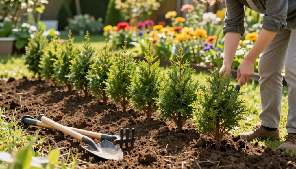 A sunny garden scene featuring a person in modest casual clothing preparing the ground for planting a thuja hedge. The foreground showcases a freshly tilled soil patch, with tools like a spade and rake nearby. In the middle ground, healthy young thuja plants are arranged in neat rows, ready for planting. The background consists of a lush garden filled with vibrant flowers and greenery, bathed in warm, golden sunlight. The image is taken from a slightly elevated angle to capture the depth of the garden and the meticulous preparation process. The overall mood is serene and productive, highlighting the beauty of gardening and the joy of landscaping.