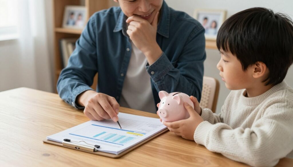 A thoughtful parent sitting at a dining table, discussing allowances with a child. The foreground features a clipboard with neatly organized financial charts and notes, conveying a sense of planning. In the middle, the parent, dressed in smart-casual attire, gestures to the charts with a warm smile, while the child, wearing a cozy sweater, listens attentively, holding a small piggy bank. The background shows a softly lit room with bookshelves and family photos, adding a homey atmosphere. Soft, natural light filters through a window, creating an inviting and warm mood. The angle is slightly from above, emphasizing the interaction and the significance of budgeting in family life, capturing the essence of setting an allowance. A thoughtful parent sitting at a dining table, discussing allowances with a child. The foreground features a clipboard with neatly organized financial charts and notes, conveying a sense of planning. In the middle, the parent, dressed in smart-casual attire, gestures to the charts with a warm smile, while the child, wearing a cozy sweater, listens attentively, holding a small piggy bank. The background shows a softly lit room with bookshelves and family photos, adding a homey atmosphere. Soft, natural light filters through a window, creating an inviting and warm mood. The angle is slightly from above, emphasizing the interaction and the significance of budgeting in family life, capturing the essence of setting an allowance.